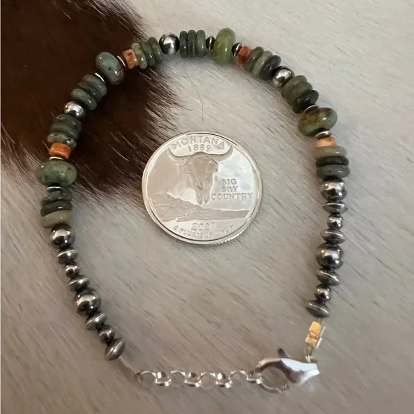 ❤️ 925 Desert Pearl Saucers Cerrillos Turquoise Moss Agate Spiny Bracelet 7+.75” - Picture 7 of 15
